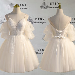 Homecoming dress short vintage, Women's Girls Party Cocktail wedding dress, Spaghetti Straps Ivory Lace Tulle Off the Shoulder Puffy Sleeves