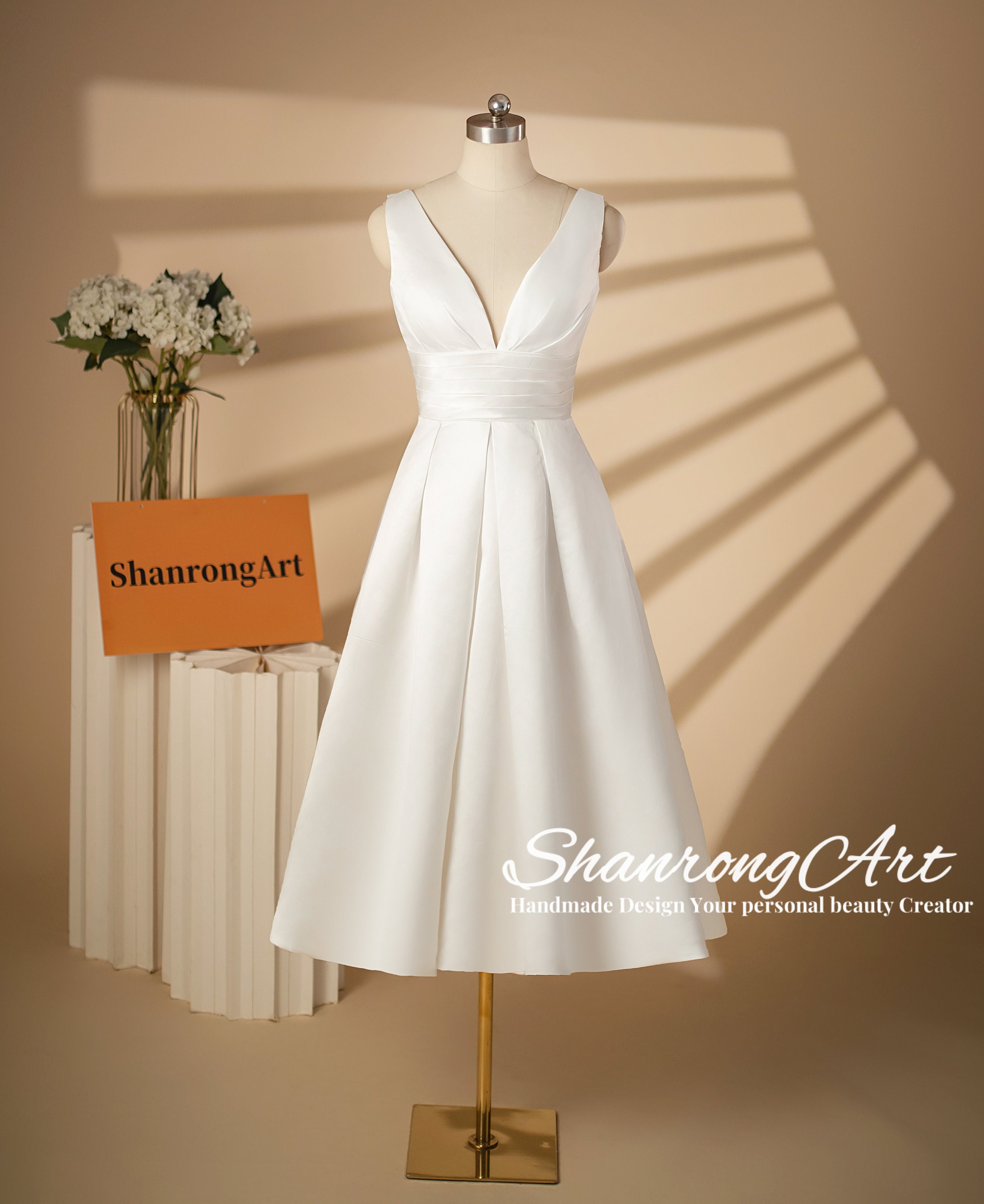 Einfacher V-Ausschnitt Weißer Satin Ärmellos Wadenlanges Abendkleid Damen Abschlussball Hochzeitsfeier Brautjungfer Kleider Kleider mit Tasche