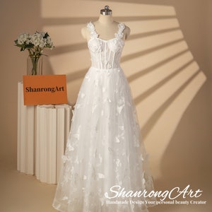Pretty White Butterfly Lace Sheer Tulle Straps Custom Made Handmade Formal Evening Dress Bridesmaid Dresses Women’s Wedding Prom Party Gowns