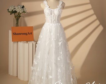 Pretty White Butterfly Lace Sheer Tulle Straps Custom Made Handmade Formal Evening Dress Bridesmaid Dresses Women’s Wedding Prom Party Gowns
