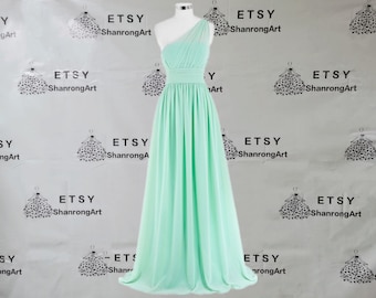 Simple One Shoulder Mint Pink Chiffon 2021 Long Customized Handmade Formal Evening Dress Bridesmaid Dresses Women’s Wedding Prom Party Gowns