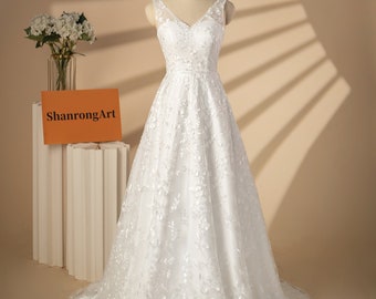 White Floral Lace Wedding Dress, Sheer Straps Corset, Boho Bridal Gown