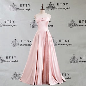 Elegant Blush Pink Strapless Satin Pearl Tulle Fold Pleated Split Up Long Formal Evening Dress Womens Prom Wedding Party Bridesmaid Dresses image 5