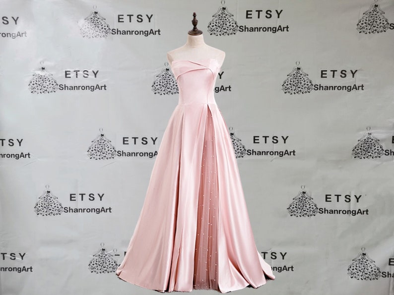 Elegant Blush Pink Strapless Satin Pearl Tulle Fold Pleated Split Up Long Formal Evening Dress Womens Prom Wedding Party Bridesmaid Dresses image 5