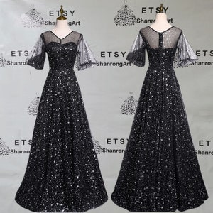 Black Sparkle Sequins Lace Short Sleeves A Line Floor Length Girl's Bridesmaid Formal Evening Dress Women's Prom Wedding Party Dresses Gowns