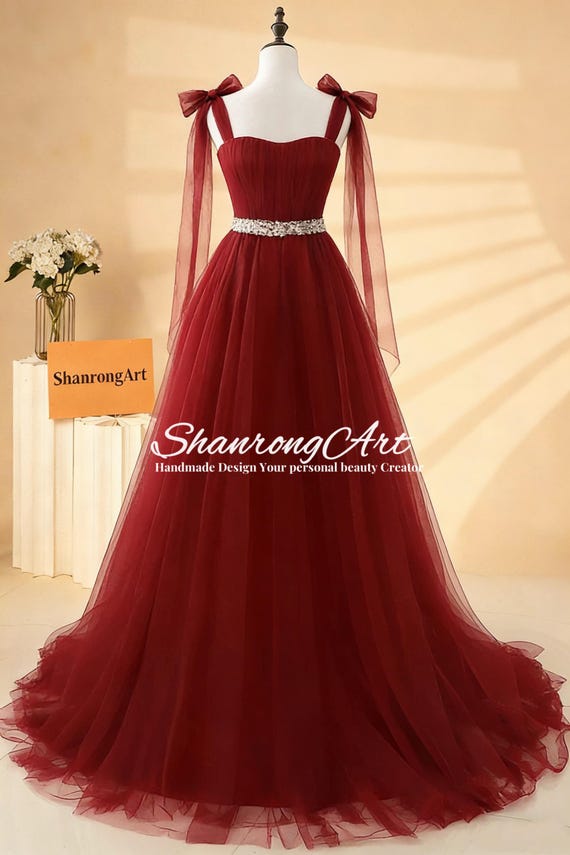 princess polly baby blue dress Chic Burgundy Floor-length Tulle Gown With Bow Straps Sheer Sleeves  Rhinestone Belt for Bridesmaid Wedding Evening Prom Formal Events Dress