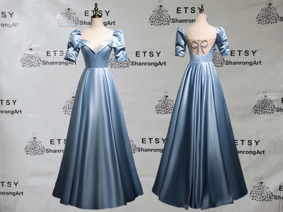 2024 Simple Blue Satin Formal Evening Dress Short Sleeves Zipper