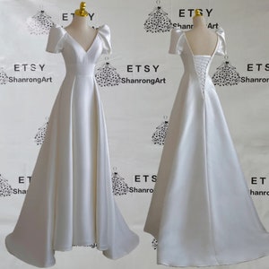 2024 V Neck A Line White Satin Short Sleeve Corset Closure Long Formal Evening Wedding Dress Women's Prom Wedding Party Dresses Bridal Gowns
