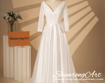 Boho Wedding Dress with Lace Long Sleeves and V Cut Back, A Line Wedding Dresses, Satin Wedding Gown, Plus Size Custom Trailing Bridal Gowns