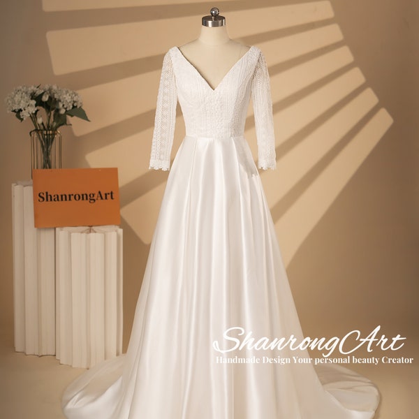 Boho Lace Long Sleeve Wedding Dress, A Line Satin Bridal Gown