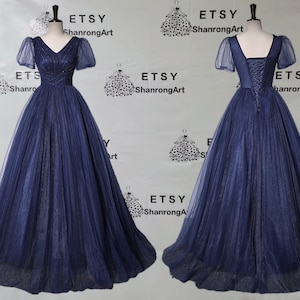 Navy Tulle A Line Beading Fold Short Sleeves Corset Back Long Girls Prom Dresses Women's Wedding Party Dresses Formal Evening Dresses Gowns