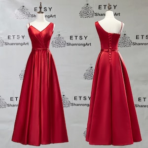 Elegant Cheap New V Neck Red Satin Pleated Lace Up Back A Line Long Formal Evening Dress Women’s Prom Wedding Party Bridesmaid Dresses Gowns