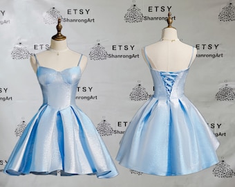 Sweetheart Light Blue Sparkle Fabric Ball with Straps 2024 Knee Mini Girl's School Homecoming Dress Short Prom Party Cocktail Dresses Gowns