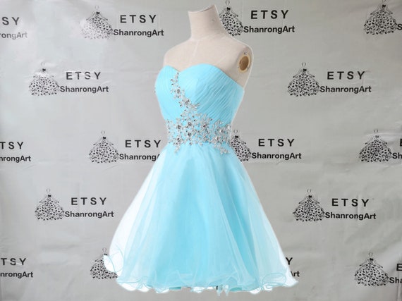 Sky Blue Organza Beaded Ruched A Line Short Custom Made Handmade