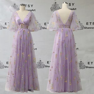 Vintage Deep V Neck Lavender Embroidery Floral Flower Lace Puffy Sleeves Backless Formal Evening Dress Women’s Prom Wedding Party Dresses