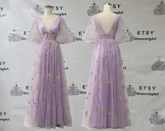 Vintage Deep V Neck Lavender Embroidery Floral Flower Lace Puffy Sleeves Backless Formal Evening Dress Women’s Prom Wedding Party Dresses