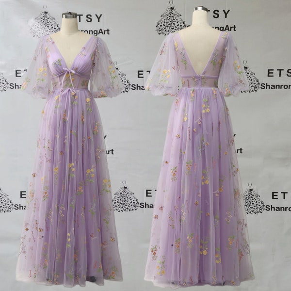 Vintage Deep V Neck Lavender Embroidery Floral Flower Lace Puffy Sleeves Backless Formal Evening Dress Women’s Prom Wedding Party Dresses