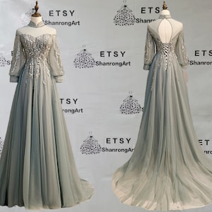 Grey Tulle Lace High Neck Beading Backless Long Sleeves with Trailing Formal Evening Dress Women’s  Wedding Mother of the Bride Dresses Gown