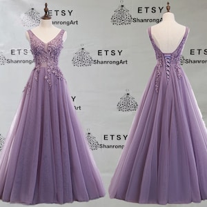 Lavender Tulle V Neck Appliques Embroidery Beaded Handmade Long Girl Formal Evening Dress Women’s Prom Wedding Party Celebrity Dresses Gowns