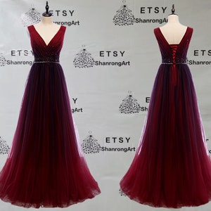 2024 Colorful Ombre V Neck Tulle Beading Belt Sleeveless Long Custom Bridesmaid Formal Evening Dress Women’s Prom Wedding Party Dresses Gown