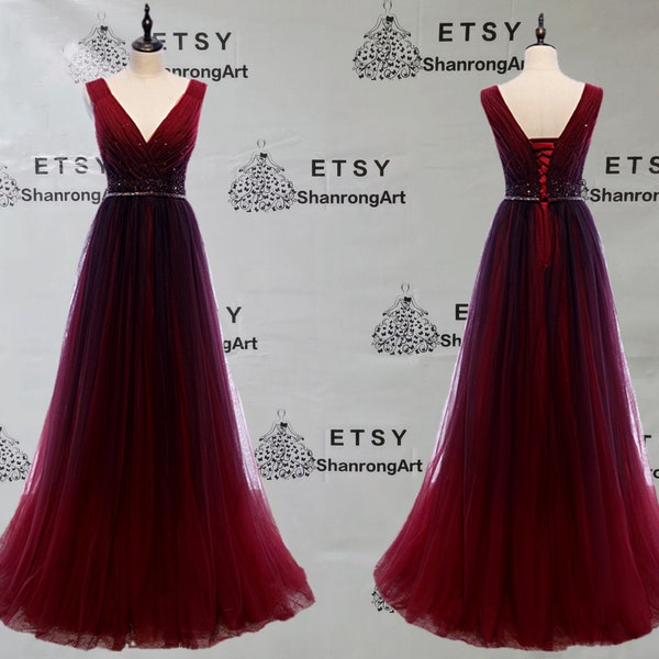 2024 Bunte Ombre V-Ausschnitt Tüll Perlen Gürtel Ärmellos Lange Benutzerdefinierte Brautjungfer Formale Abendkleid Frauen Abschlussball Hochzeit Kleider Kleid