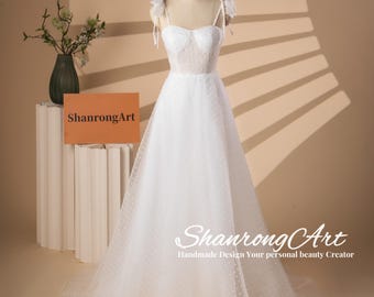 Elegant Sheer Dot Lace A-Line Wedding Dress, Bohemian Bridal Gown