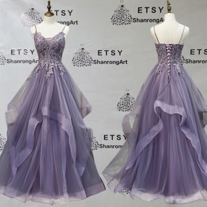 Vintage Lavender Tulle Lilac Appliques Beaded with Ruffle Long Custom Handmade Formal Evening Dresses Women's Prom Wedding Party Dress Gowns