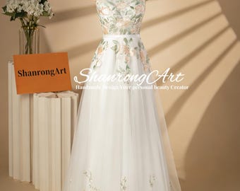 Romantic Strapless White Tulle Gown Handmade Floral Embroidery Bridesmaid Dress with Lace-Up Back for Wedding Guest, Prom & Formal Occasions