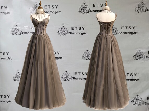 Vintage Grey Tulle A Line Bones Beaded with Neckline Handmade Homecoming Cocktail Formal Evening Dress Women s Prom Wedding Party Dresses