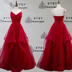 A Line Spaghetti Strap Red Tulle Fold Ruffle Lace up Back Long Handmade Custom Prom Formal Evening Dresses Women's Wedding Party Dress Gowns