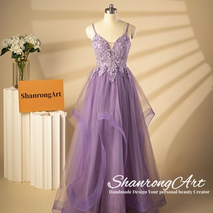 Vintage Lavender Tulle Lilac Appliques Beaded with Ruffle Long Custom Handmade Formal Evening Dresses Women&#39;s Prom Wedding Party Dress Gowns