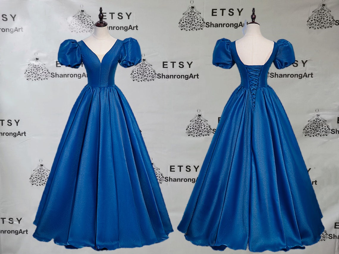 Vintage Royal Blue Satin Deep V-neck Prom Dresses Fold Short image 1