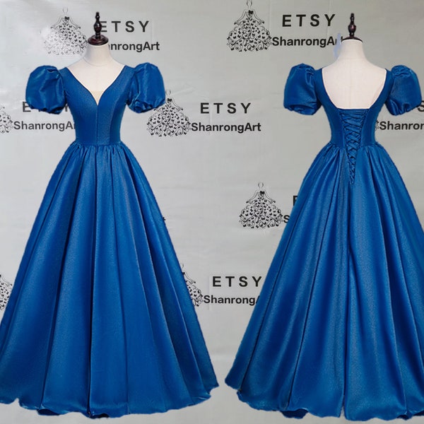 Vintage Royal Blue Satin Deep V-neck Prom Dresses Fold Short Puffy Sleeves Handmade Formal Evening Dresses Women's Wedding Party Dress Gowns