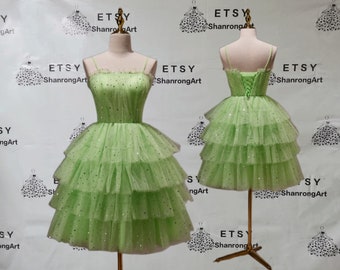 Tiered Sequin Tulle Spaghetti Straps Green Ball Short Knee Girl's School Homecoming Dress Women’s Prom Wedding Party Cocktail Dresses Gowns