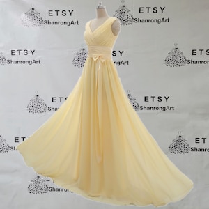 V Neck Yellow Pleated Ruched Chiffon Simple Long Custom Made Formal Evening Dress Bridesmaid Dresses Womens Wedding Prom Party Gown Sashes image 1