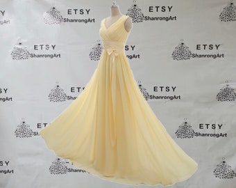 V Neck Yellow Pleated Ruched Chiffon Simple Long Custom Made Formal Evening Dress Bridesmaid Dresses Women’s Wedding Prom Party Gown Sashes