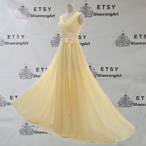 V Neck Yellow Pleated Ruched Chiffon Simple Long Custom Made - Etsy
