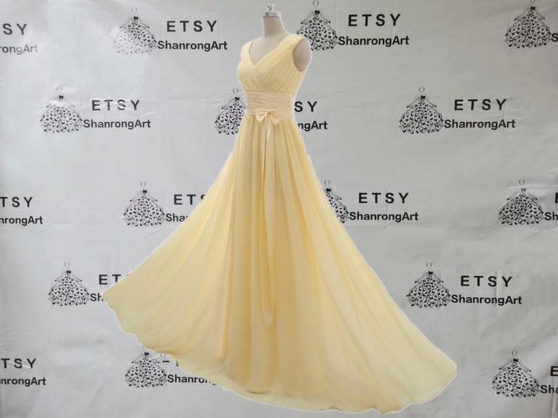 V Neck Yellow Pleated Ruched Chiffon Simple Long Custom Made Formal Evening Dress Bridesmaid Dresses Womens Wedding Prom Party Gown Sashes image 1