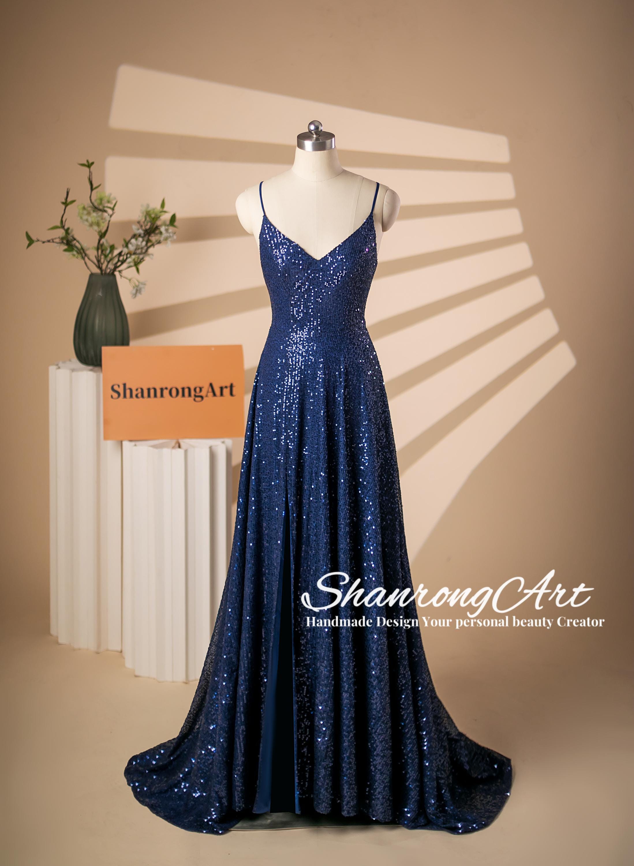 blue dress for baby girl 2 Piece Cheap Sequins Navy Blue Maxi Mismatched Bridesmaid Dresses with  Sleeves PB10114 main image 1