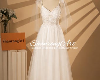 Elegant White Lace Midi Dress, Spaghetti Strap Tulle Bridal Gown