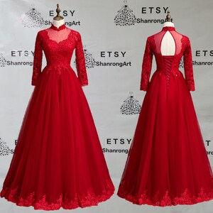 Red High Neck Tulle Appliques Lace Long Sleeves Girl's Bridesmaid Formal Evening Dress Women's Prom Wedding Party Bridesmaid Dresses Gowns