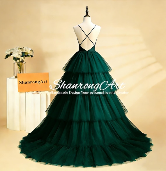 Emerald Green Tiered Tulle Gown Spaghetti Straps Cross Ruched Bodice Long Bridesmaid Dress, Evening Prom & Wedding Guest Formal Party Gown