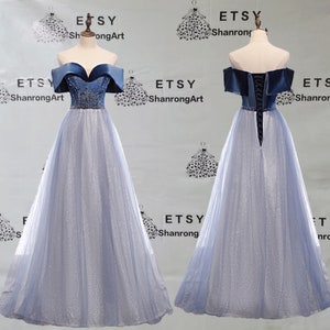 Navy Satin Bright Tulle Off the Shoulder Beaded Floor Length Girl's Bridesmaid Formal Evening Dress Women's Prom Wedding Party Dresses Gowns