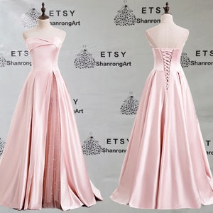 Elegant Blush Pink Strapless Satin Pearl Tulle Fold Pleated Split Up Long Formal Evening Dress Womens Prom Wedding Party Bridesmaid Dresses image 1