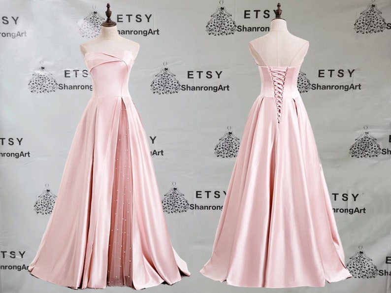 Elegant Blush Pink Strapless Satin Pearl Tulle Fold Pleated Split Up Long Formal Evening Dress Womens Prom Wedding Party Bridesmaid Dresses image 1