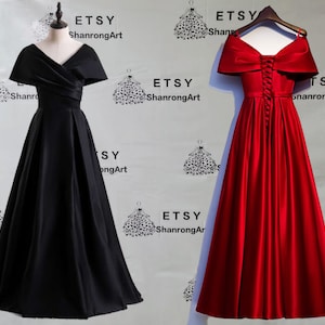 Off the Shoulder Red Black Satin Pleated Fold A Line Long Custom Handmade Bridesmaid Formal Evening Dress Women’s Prom Wedding Party Dresses