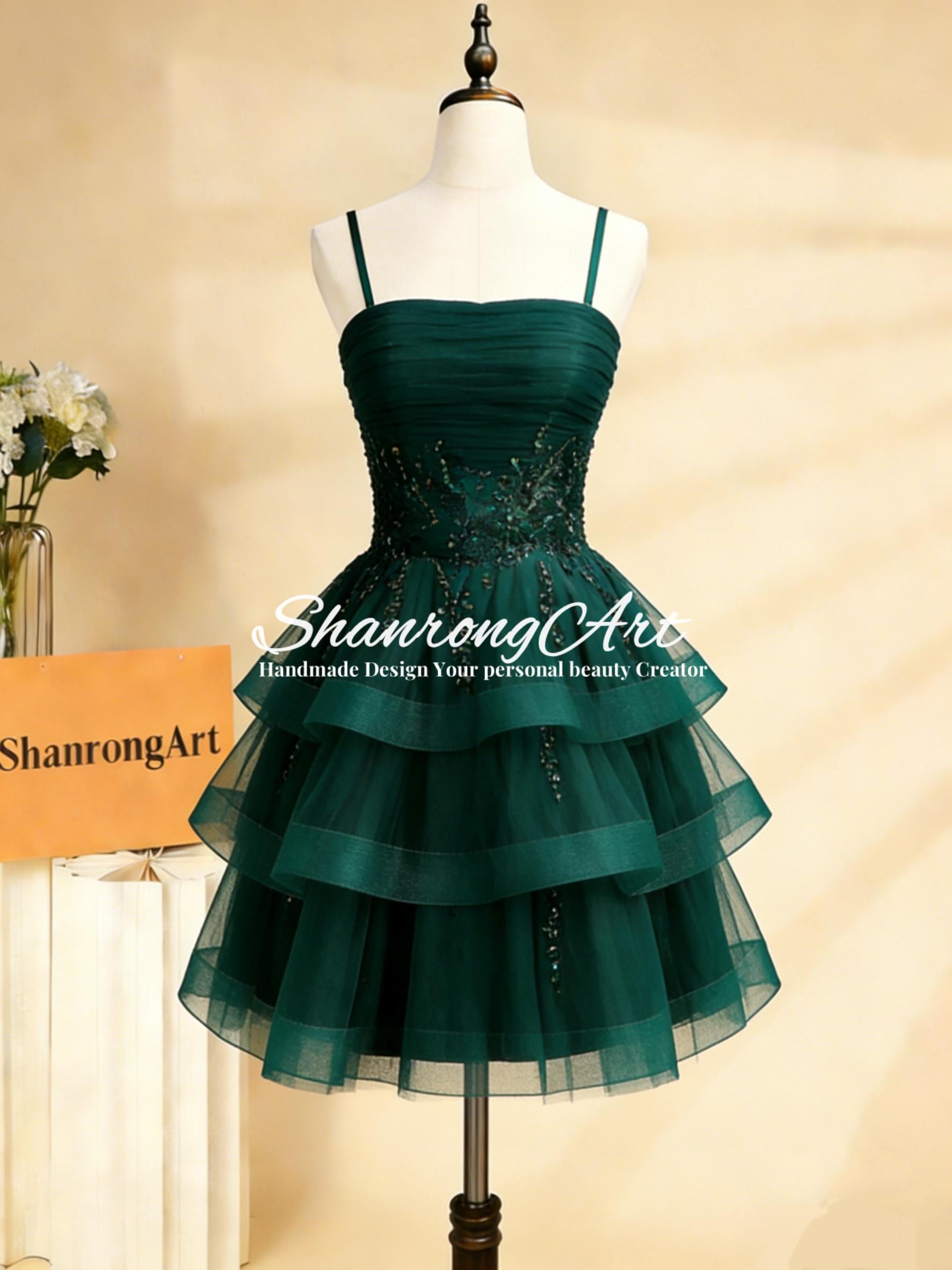 mini dark green prom dress Dresses Short Material:Beaded