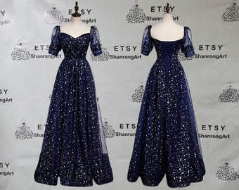 Vintage Navy Blue Sparkle Lace Sweetheart Neckline with Short Sleeves Handmade Prom Formal Evening Dresses Women's Wedding Party Dress Gowns