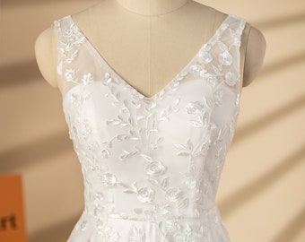 Sheer Strap Floral Lace Wedding Dress, Boho Fitted Bridal Gown