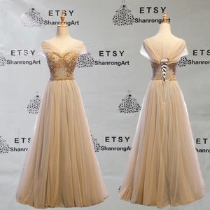 Gold Tulle Off the Shoulder Beading Sequins Crystal Long Custom Girl Formal Evening Dress Women’s Prom Wedding Party Celebrity Dresses Gowns